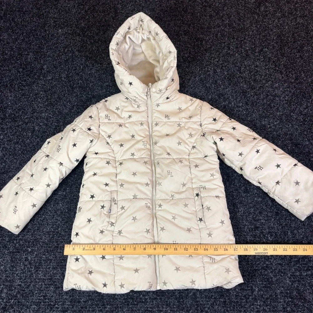 Tommy Hilfiger Girls Cream Star Print Puffer Jacket Hooded Fleece Lined Size 7